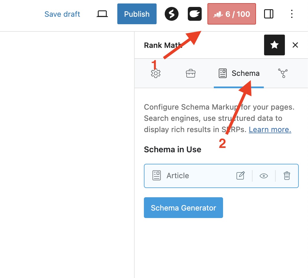 How to find the schema option on the Gutenberg editor